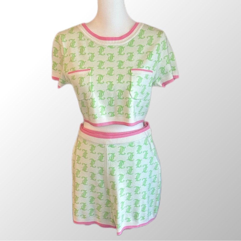 Juicy Couture Knit 2-piece Set Large Pink & Green Monogram‎ Crop Top & Short Y2K - Picture 2 of 16